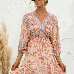 Printed Lantern Sleeve V Neck Dress